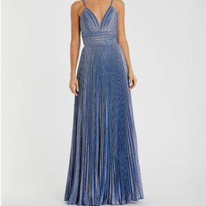 Mac Duggal Size 8 Shimmer Pleated V Neck Gown Blue Sleeveless Cocktail NEW